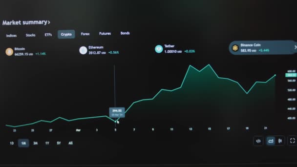 Обзор графика монет BNB Month Report Rise and fall on laptop screen. Концепция инвестирования монет и криптовалют BNB - Кадры, видео