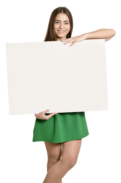 Beautiful woman and white signboard - Foto, afbeelding