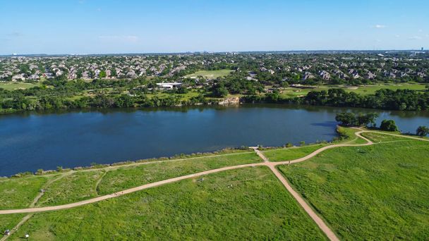 Master-planned community in Brookside neighborhood near Austin, 90-acre Brushy Creek Lake Park, nature trails, scenic picnic area in Cedar Park, Round Rock of Williamson and Travis County, aerial. USA - Photo, Image