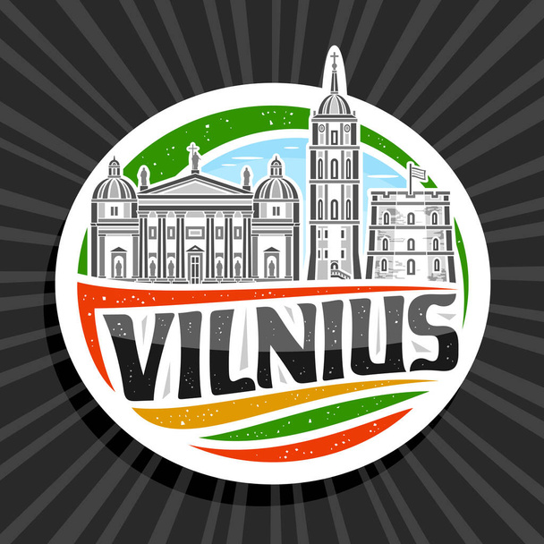 Vektorové logo pro Vilnius, bílá dekorativní značka s obrysem ilustrace evropské vilnius město krajina na pozadí denní oblohy, výtvarný design chladničky magnet s unikátními písmeny pro černý text vilnius - Vektor, obrázek