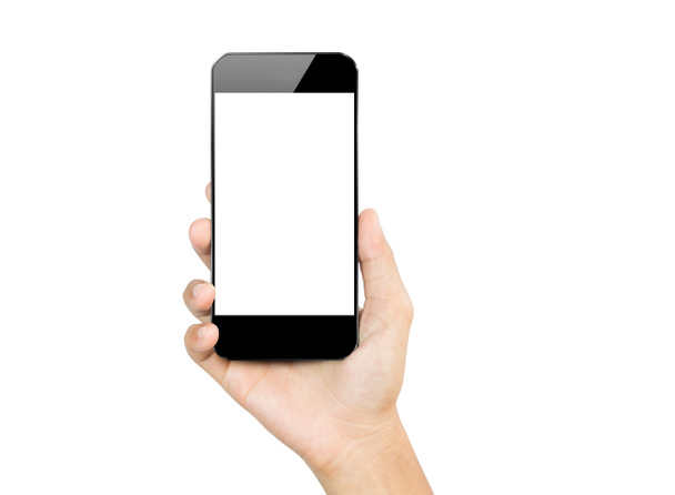 Крупним планом рука тримає смартфон мобільний ізольований на білому
 - Фото, зображення