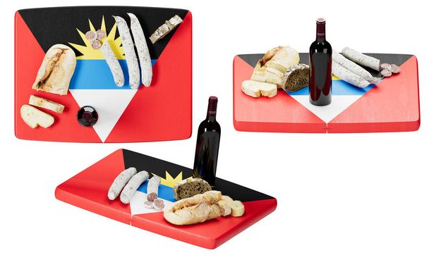Elegantemente colocada en la bandera de Antigua y Barbuda, una variedad gourmet de quesos, carnes, pan y vino, celebrando sabores caribeños. - Foto, Imagen
