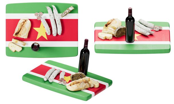 Surinaamse culinaire schatten kunstig op de vlag geplaatst, met de nadruk op kazen, vlees, brood en een rijke wijn - Foto, afbeelding