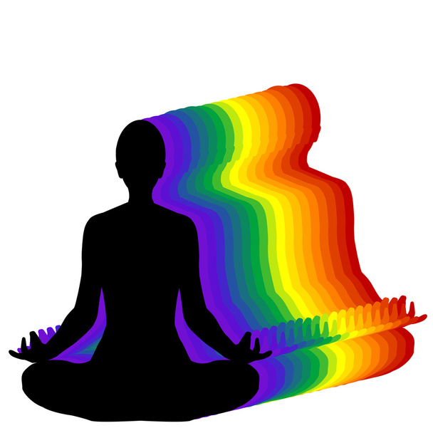 Donna seduta in posizione loto yoga con aura
 - Vettoriali, immagini