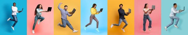 Energetische groep mensen springen met laptops tegen kleurrijke achtergronden, uiten van vrijheid en geluk tegen levendige achtergrond, Collage - Foto, afbeelding