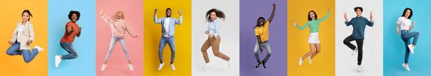 Różnorodna grupa ludzi bawiących się w kolorowe tła, wieloetniczni mężczyźni i kobiety skaczący na jasne tła studia, kreatywny kolaż - Zdjęcie, obraz