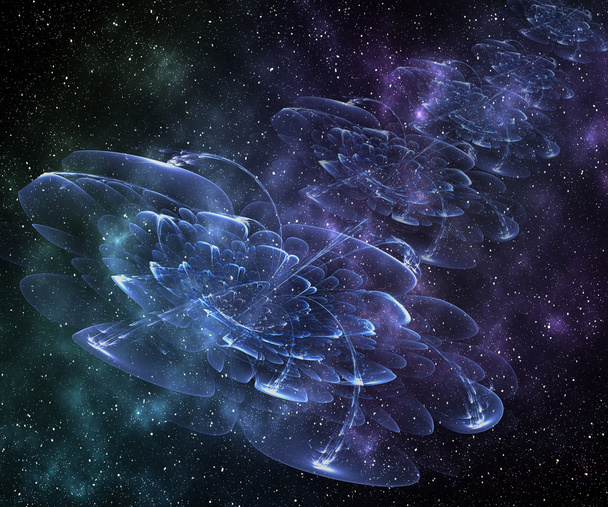  Nube cósmica abstracta, flores, estrellas de un planeta y galaxia
.  - Foto, imagen
