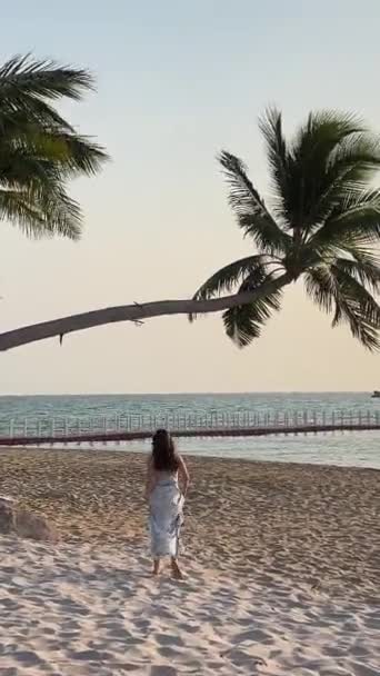 fille joue sous les palmiers sur la plage. Vacances de luxe de femme bronzée en bikini de marche sur la plage tropicale - Séquence, vidéo