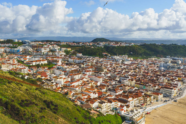Bird's-eye view captures the sprawling mosaic of Nazare's urban grid contrasted with natural surroundings. - Photo, Image