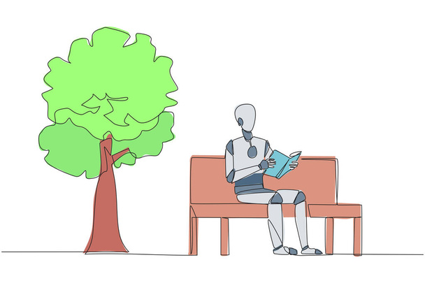 Ciągły, jednoliniowy robot do rysowania, siedzący na ławce w parku i czytający książki. Ucz się przez ponowne czytanie podręcznika. Czytaj, aby uzyskać maksymalne oceny. Czytanie zwiększa wgląd. Ilustracja wektora rysunku pojedynczej linii - Wektor, obraz