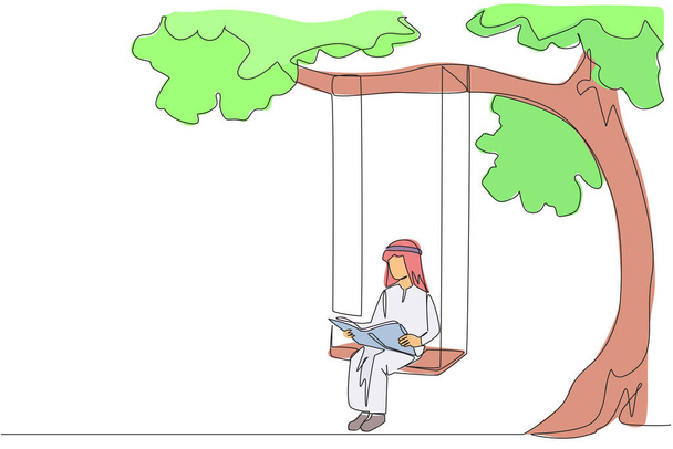Nepřetržitá jedna čára kreslí Araba, jak sedí na houpačce pod stinným stromem a čte knihu. Vysoké nadšení pro čtení. Čti kdekoliv. Čtení zvyšuje vhled. Návrhová vektorová ilustrace jednořádkového kreslení - Vektor, obrázek