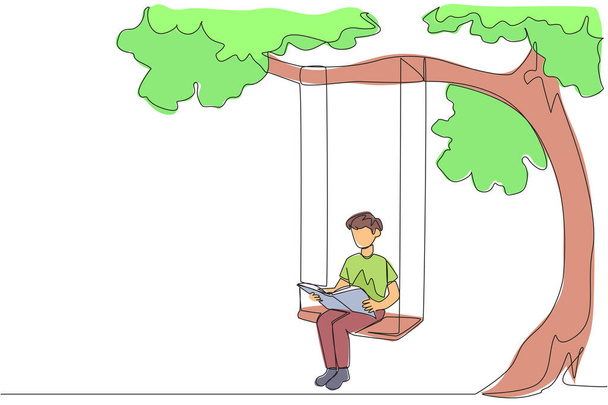 Continuous one line drawing man sitting on a swing under a shady tree reading a book. High enthusiasm for reading. Read anywhere. Reading increases insight. Single line draw design vector illustration - Vector, Image