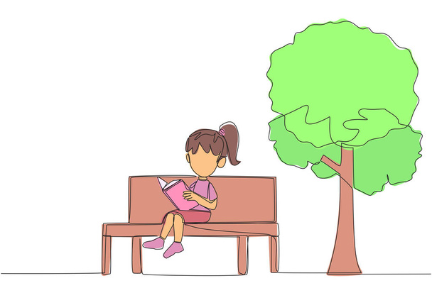 Single continuous line drawing girl sitting on school park bench reading book. Learn by re-reading textbook. Read to get maximum marks. Reading increase insight. One line design vector illustration - Vector, Image