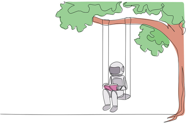 Une seule ligne dessinant astronaute assis sur une balançoire attachée à un arbre ombragé lisant un livre. Vraiment apprécié l'histoire du livre de fiction. C'est relaxant. Illustration graphique en ligne continue - Vecteur, image