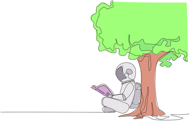 Pojedyncza ciągła linia rysunek astronauta siedzi czytania książki pod zacienionym drzewem. Kontynuując drugi tom książki fabularnej. Miłej lektury. Festiwal książki. Ilustracja wektora jednej linii projektu - Wektor, obraz