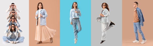 Set di giovani alla moda in abiti in denim su sfondo a colori - Foto, immagini