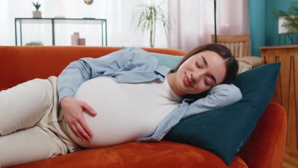 Χαμογελώντας νεαρή έγκυος γυναίκα χαϊδεύοντας μεγάλη κοιλιά, ενώ κοιμάται σε άνετο καναπέ ονειρεύεται στο σαλόνι στο σπίτι. Ευτυχισμένη μελλοντική μητέρα κυρία με casual ρούχα χαλαρώνοντας στον καναπέ στο μοντέρνο διαμέρισμα. - Πλάνα, βίντεο