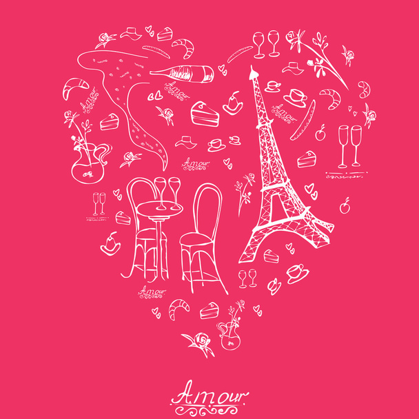 Vecor γραφικών υφή στο στιλ του Παρισιού. Παρίσι doodle εικονίδια σε σχήμα καρδιάς. - Διάνυσμα, εικόνα