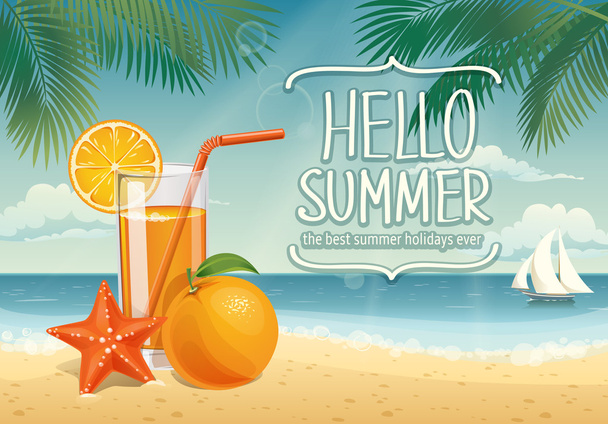 Summer card with juice and oranges - Vektor, kép