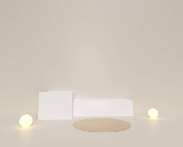 Fond beige 3D avec podiums de produits et lumière. - Photo, image