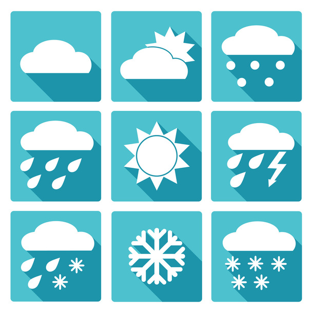 Blue square icons set of weather forecast - Vector, Image