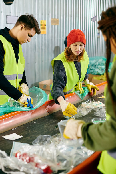 Young volunteers in gloves and safety vests sorting trash together at a table. - Zdjęcie, obraz