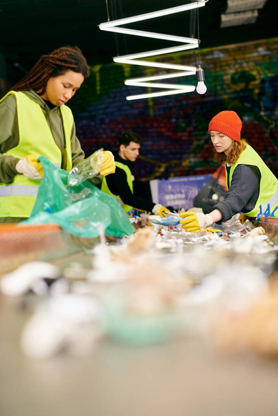 Young volunteers in gloves and safety vests sorting trash around a table brimming with food. - Valokuva, kuva