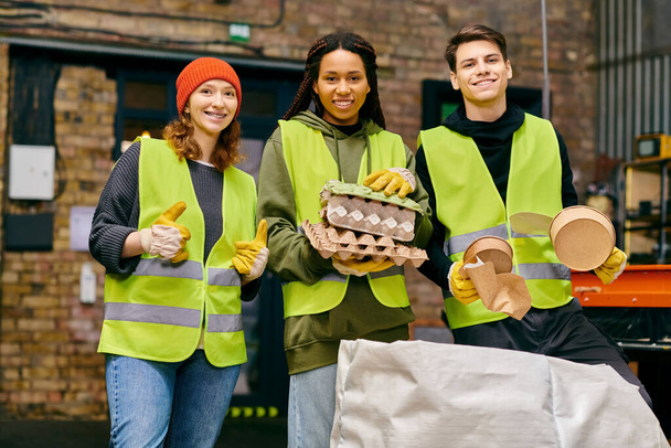 Young volunteers in safety vests and gloves sorting trash together - Foto, Imagen