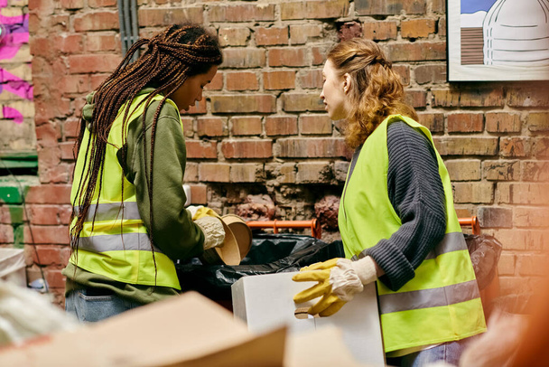 Young volunteers in gloves and safety vests work together to sort trash, showing their eco-friendly efforts. - 写真・画像