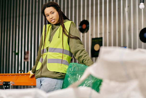 A young volunteer in a safety vest stands next to a pile of plastic bags, sorting waste to protect the environment. - Fotoğraf, Görsel