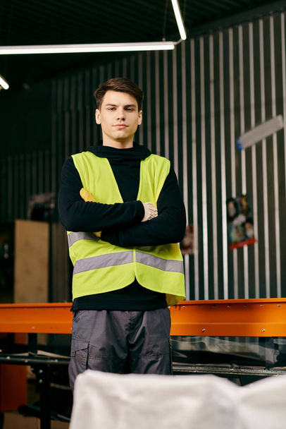 A young man in a yellow vest stands in front of a table, sorting waste and demonstrating eco-conscious actions. - Photo, Image