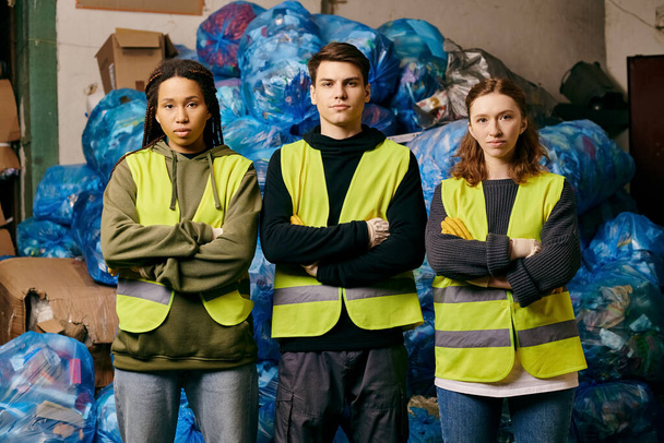 Three eco-conscious volunteers in gloves and safety vests stand before a mound of plastic bags, sorting waste. - Photo, image