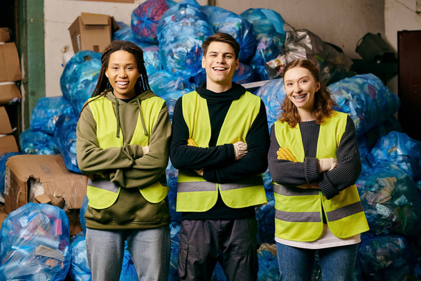 Three young volunteers in safety vests sorting plastic bags. Proactive in cleaning up the environment. - Foto, Bild