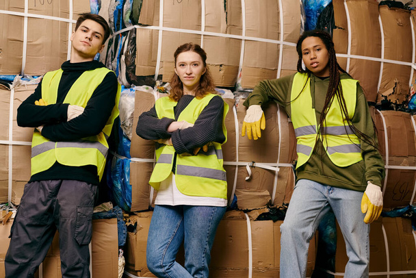 Young volunteers in gloves and safety vests sorting waste next to a pile of boxes. - Photo, image