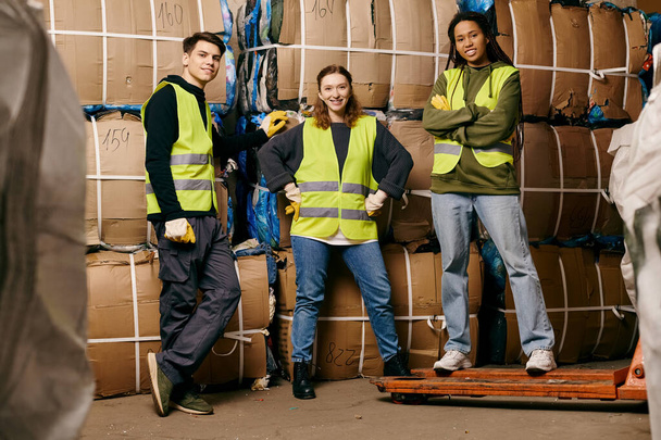 A group of young volunteers in safety gear stands next to a pile of boxes, sorting waste for recycling. - Fotografie, Obrázek