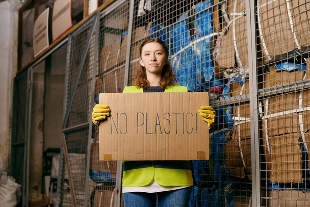 Young volunteer in gloves and safety vest holds a sign saying no plastic while sorting waste. - Foto, Bild