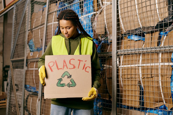 Young volunteer in gloves and safety vest sorting waste holds a sign that says plastic. - Photo, Image