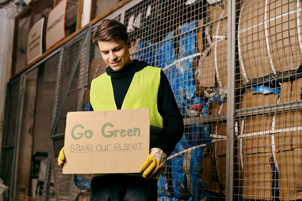A man passionately holds a sign urging others to go green and save our planet, embodying eco-conscious activism. - Photo, image