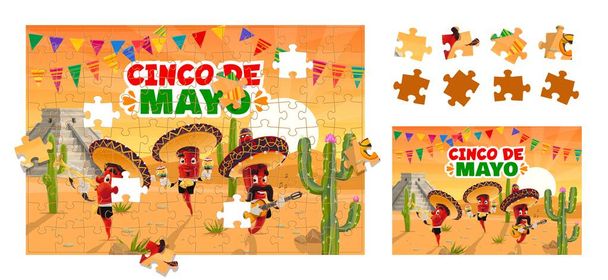 Jigsaw κομμάτια παιχνίδι παζλ, cinco de mayo Μεξικάνικο εορταστικό πιπέρι μουσικούς χαρακτήρες στην έρημο. Cartoon εκπαιδευτικό επιτραπέζιο παιχνίδι, διάνυσμα φύλλο εργασίας για τα παιδιά προσχολικής ηλικίας με αστεία jalapeno mariachi μπάντα - Διάνυσμα, εικόνα