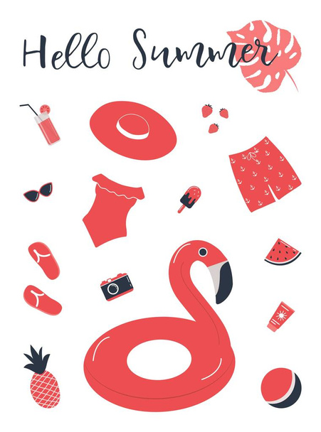 Красный пляж аксессуары изолированы на белом. Купальник, купальник, шляпа, солнцезащитные очки, флип-флопс, солнцезащитный крем, фотоаппарат, плавательное кольцо фламинго, арбуз. Вещи для летних каникул. Летний вектор Hello - Вектор,изображение