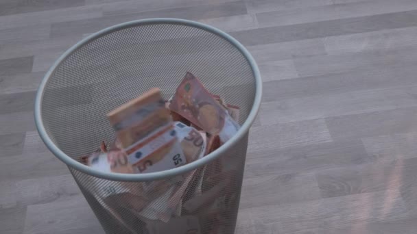 Een man verbrandt stapels dollarbiljetten op een houten vloer. Het concept van inflatie en decentralisatie, de waardevermindering van geld, de wereldwijde crisis. - Video