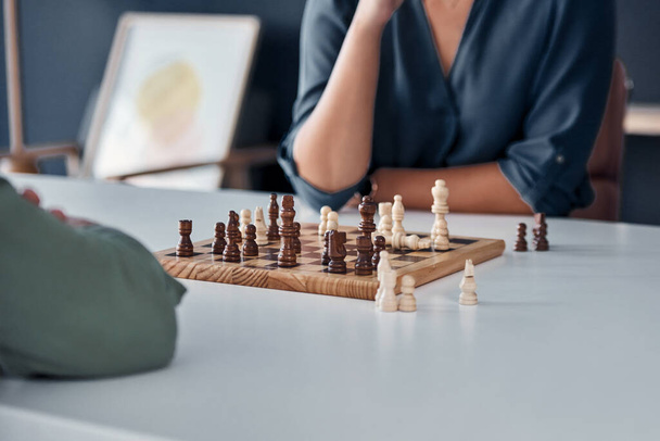 Thinking, chess or business hands in office for planning, board game or movement strategy. Work, partnership or friends in workplace for brain, learning or creative visual problem solving solution. - Photo, Image