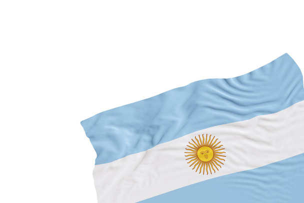 Realistische Flagge Argentiniens mit Falten, isoliert auf weißem Hintergrund. Fußzeile, Eckgestaltungselement. Rausschneiden. Perfekt für patriotische Themen oder nationale Veranstaltungen. Leer, Kopierraum. 3D-Renderer - Foto, Bild