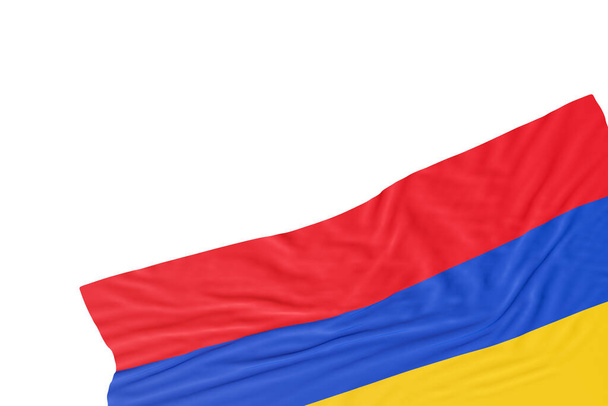 Reális zászló Örményország redők, elszigetelt fehér háttérrel. Lábléc, sarokelem. Tökéletes hazafias témákhoz vagy országos rendezvényekhez. Üres, másold a helyet. 3D renderelés - Fotó, kép