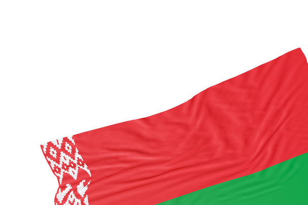 Bandera realista de Bielorrusia con pliegues, aislada sobre fondo blanco. Pie de página, elemento de diseño de esquina. Corta. Perfecto para temas patrióticos o promociones de eventos nacionales. Vacío, espacio de copia. Renderizado 3D - Foto, Imagen