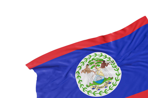 Bandiera realistica del Belize con pieghe, isolata su sfondo bianco. Piè di pagina, elemento di design angolare. Fermati. Perfetto per temi patriottici o promozioni di eventi nazionali. Vuoto, ricevi lo spazio. Rendering 3D - Foto, immagini