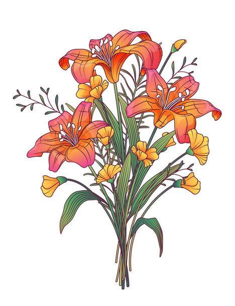 Çiçek açan bir buket çiçeğin vektör çizimi. Romantik olaylar için zambakların parlak çizimi tasarım, kart, poster, afiş, çiçekçi dekorasyonu. - Vektör, Görsel