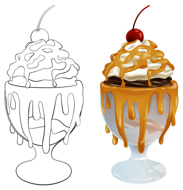 Illustrazione vettoriale di un gelato al caramello con ciliegia - Vettoriali, immagini