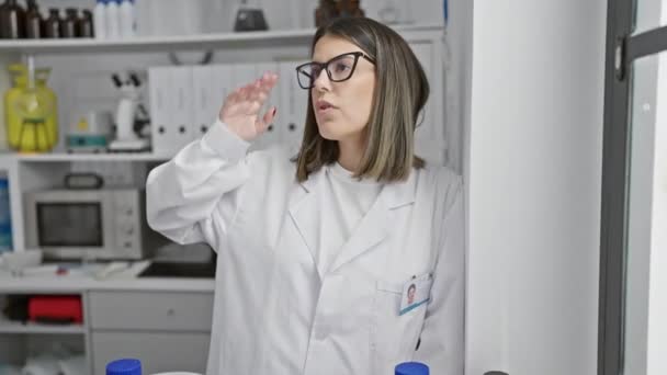 Μια στοχαστική νεαρή γυναίκα με γυαλιά στέκεται σε ένα εργαστήριο με επιστημονικό εξοπλισμό στο παρασκήνιο. - Πλάνα, βίντεο