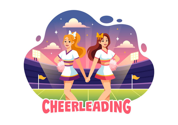 Cheerleader Girl Vector Kuvitus Cheerleading Pom Poms of Dancing ja hyppäämällä tukemaan Team Sport Kilpailun aikana tasainen tausta - Vektori, kuva